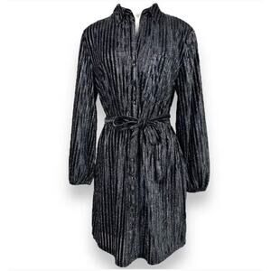 House of Harlow 1960 Sparkle Shirtdress Black Silver Tie Waist Collar Medium